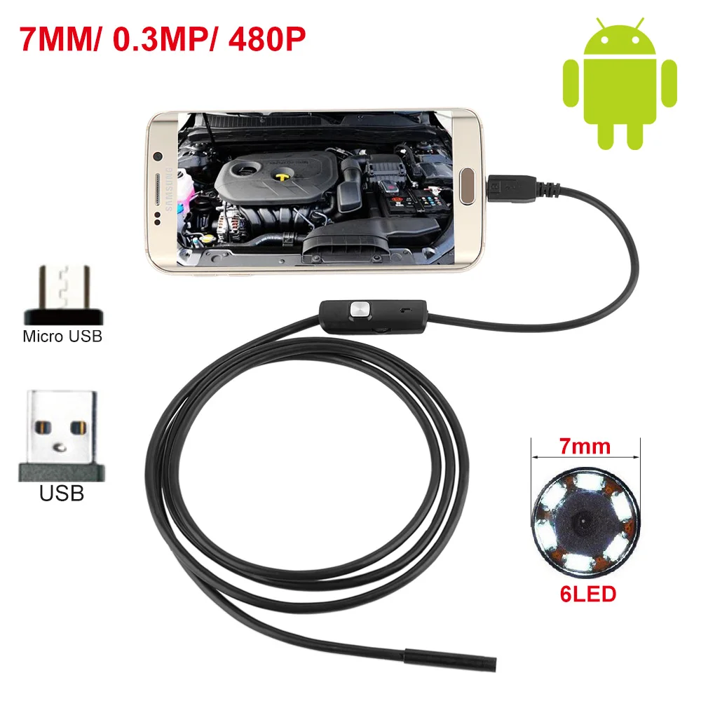USAFEQLO 7 мм Диаметр камеры 0.3MP 480P 6 яркий белый светодиод Micro USB Android эндоскоп