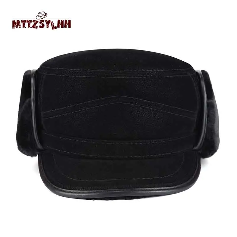Men's winter flat top thick and durable ear protector artificial leather warm outdoor aviator hat father husband's gif | Аксессуары