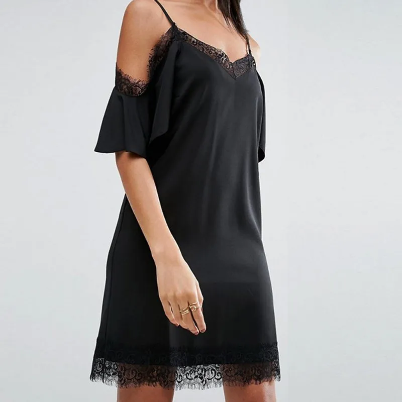 WOM Лето Cold Shoulder Dress 2017 Спагетти ремень короткий рукав Повседневное пикантные