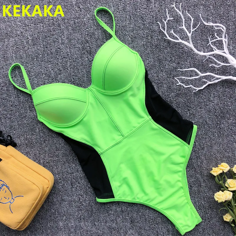 Женский слитный купальник KEKAKA Junior Girl неоново зеленый 2019 сексуальный прозрачный с