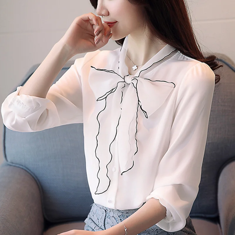 

spring summer Women's Clothing bow Blouses loose chiffon shirts perspective Female Bandages tops new fashion vetement femme