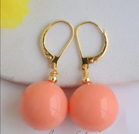 free shipping 16mm round pink coral south sea shell pearl dangle earring