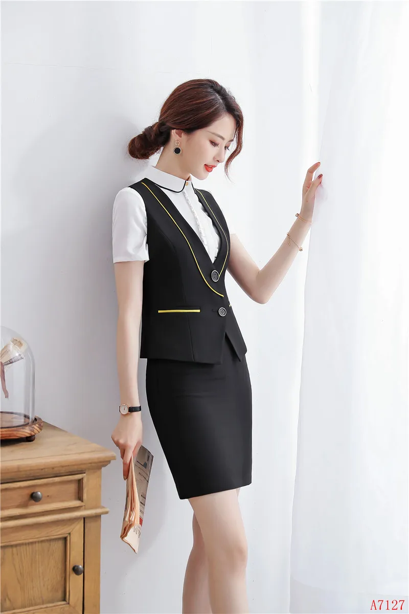 Formal Black Waistcoat Women Business Suits 2 Piece Skirt and Top Sets Ladies Work Wear Vests OL Style | Женская одежда