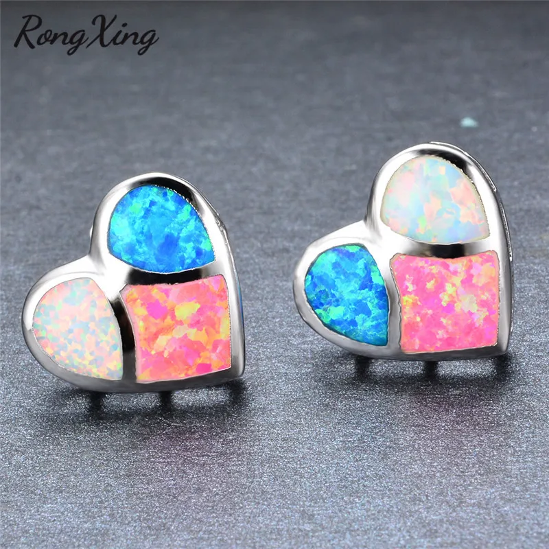 RongXing Silver Color White/Blue/Multicolor Fire Opal Heart Stud Earrings for Women Fashion Studs Jewelry Ear0559 | Украшения и