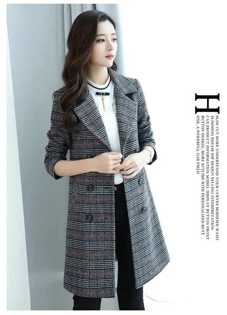 Jacket 02 Осенне-зимние шерстяные женские клетчатые куртки, двубортные длинные пальто, Повседневная Женская приталенная куртка с длинным рукавом - Цвет: Jacket 02
