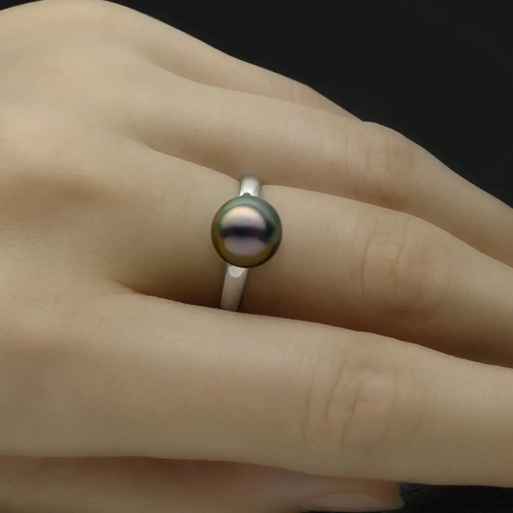 

Luminous 8-9MM AAA Round Real Tahitian Cultured Green Pearl Ring 14K White Gold