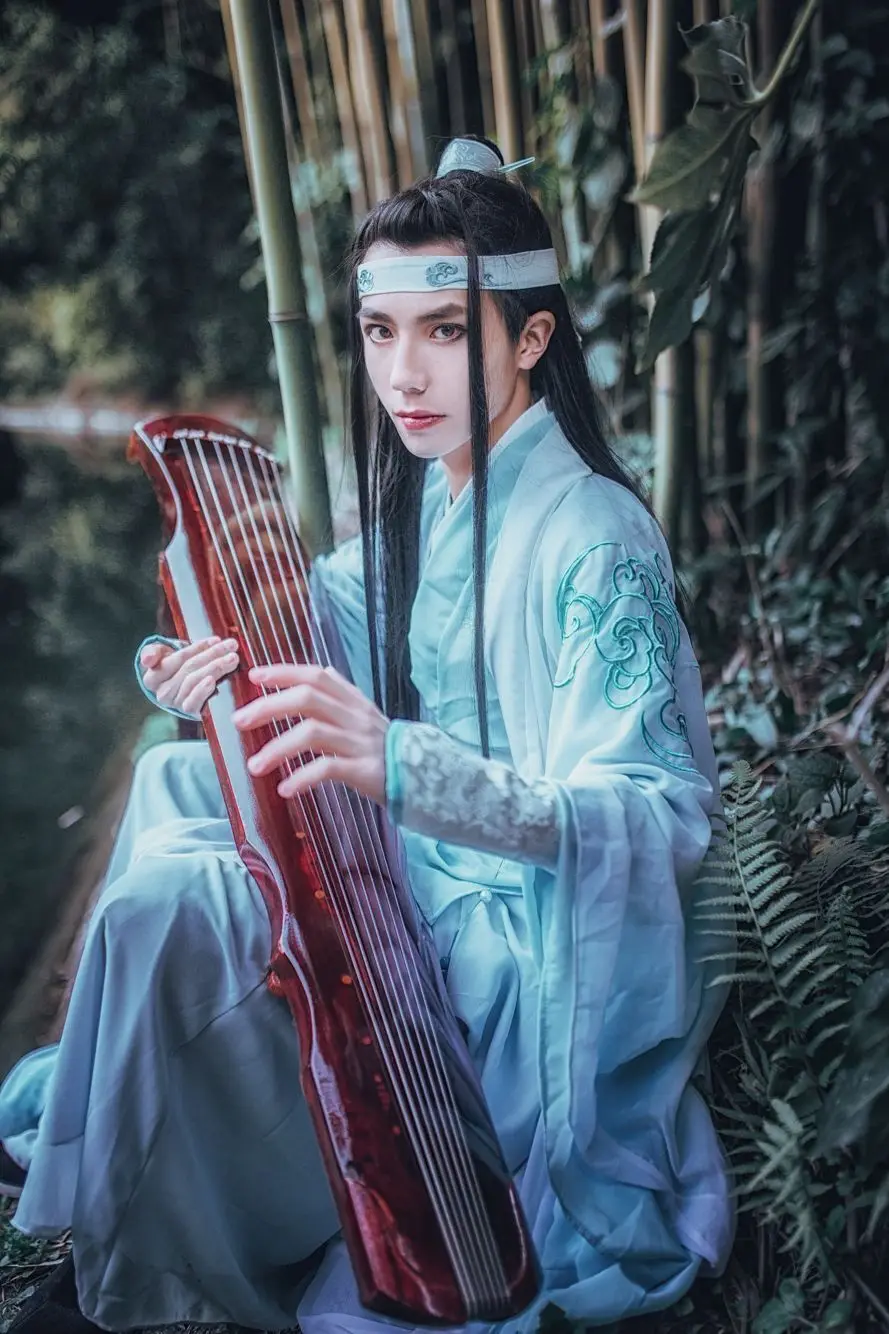 Lan Wangji белый синий костюм с вышивкой мужской косплей Hanfu для аниме основатель диаболизма Древний китайский учёный Hanfu