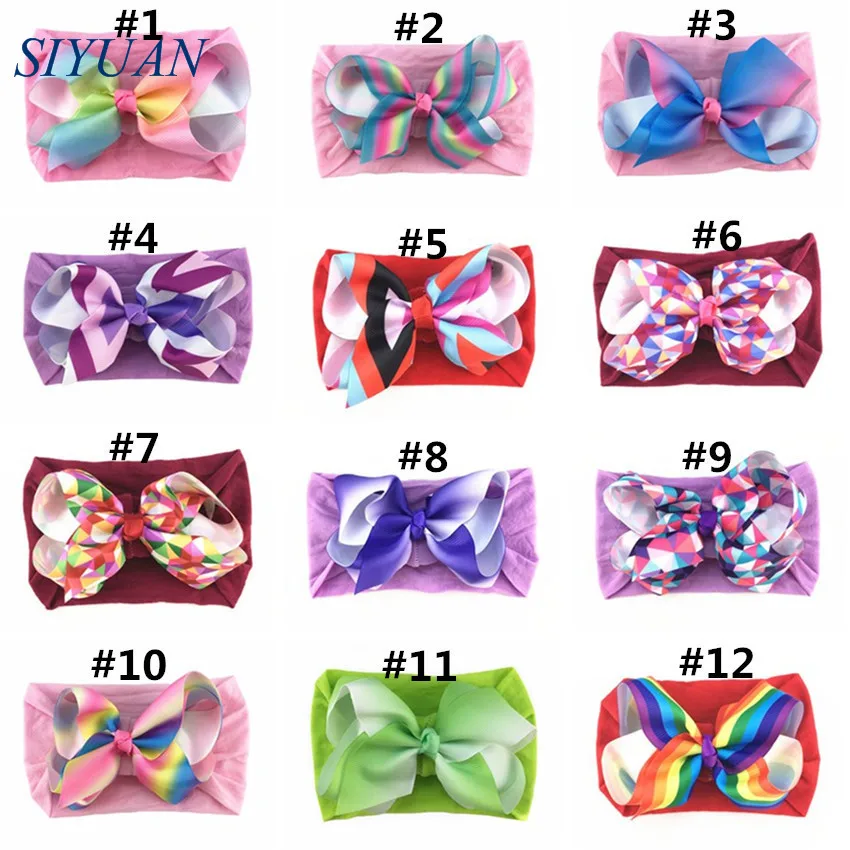 30pcs/lot Summer Style Soft Nylon Elastic Headband with 4.6 inch Grosgrain Ribbon Hair Bow Girl Hairband 35C Available HB089