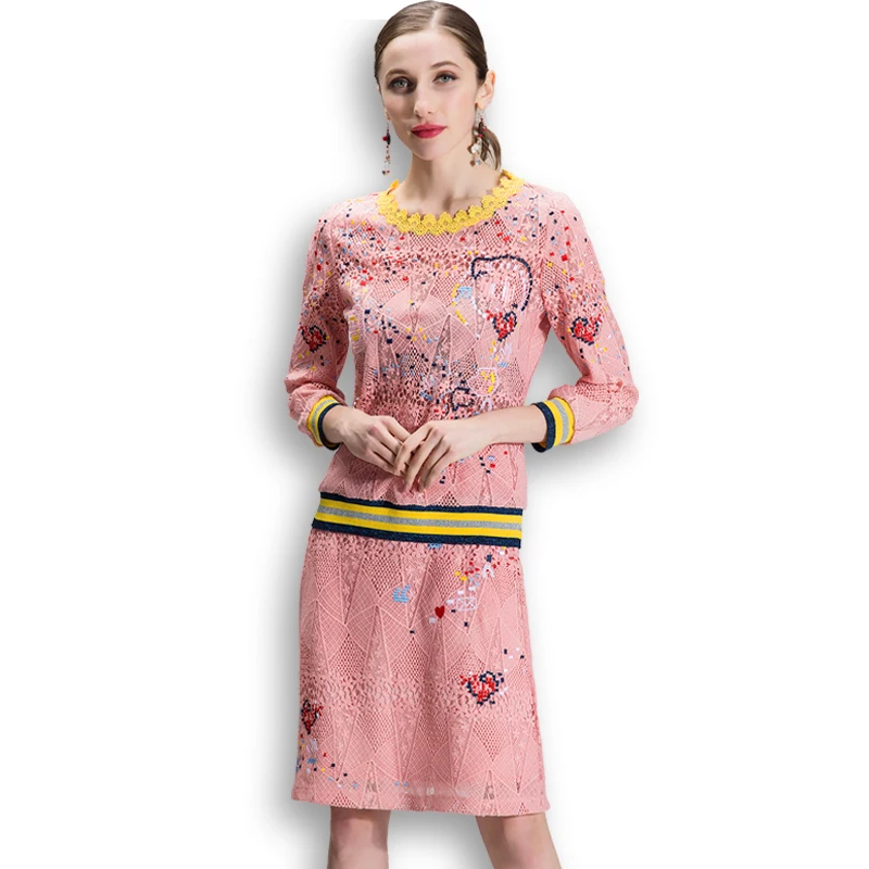 L~ 4XL 5XL осенне-зимний комплект из 2 предметов, вязаная юбка, цветочный кружевной вышитый женский наряд, свитер с длинным рукавом, Топы+ юбка 1061 - Цвет: Розовый
