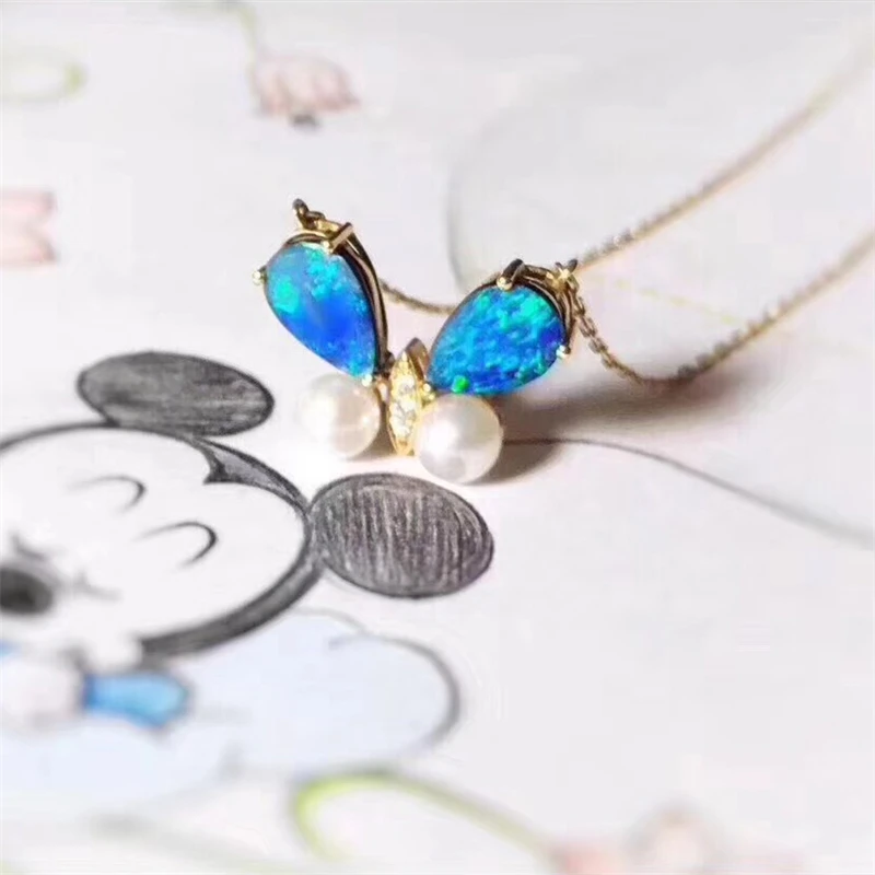 Aazuo 18K Yellow Gold Opal Akoya Pearl Butterfly Necklace Natual Blue Opalgifted for Women Valentine's Day Gift Link Chain | Украшения