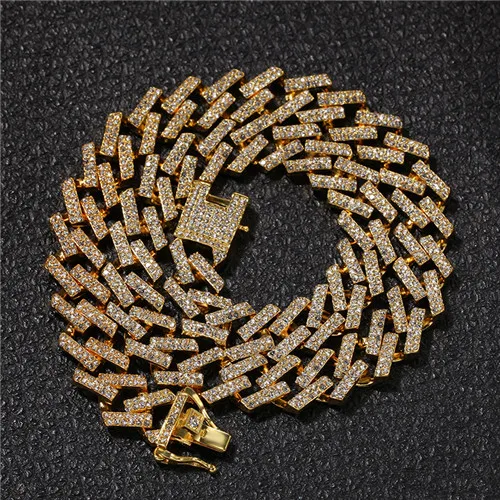 gold color Ширина 15 мм Iced Out Bling горный хрусталь США кубинское звено цепи ожерелье для мужчин Роскошные хип хоп ювелирные изделия - Окраска металла: gold color