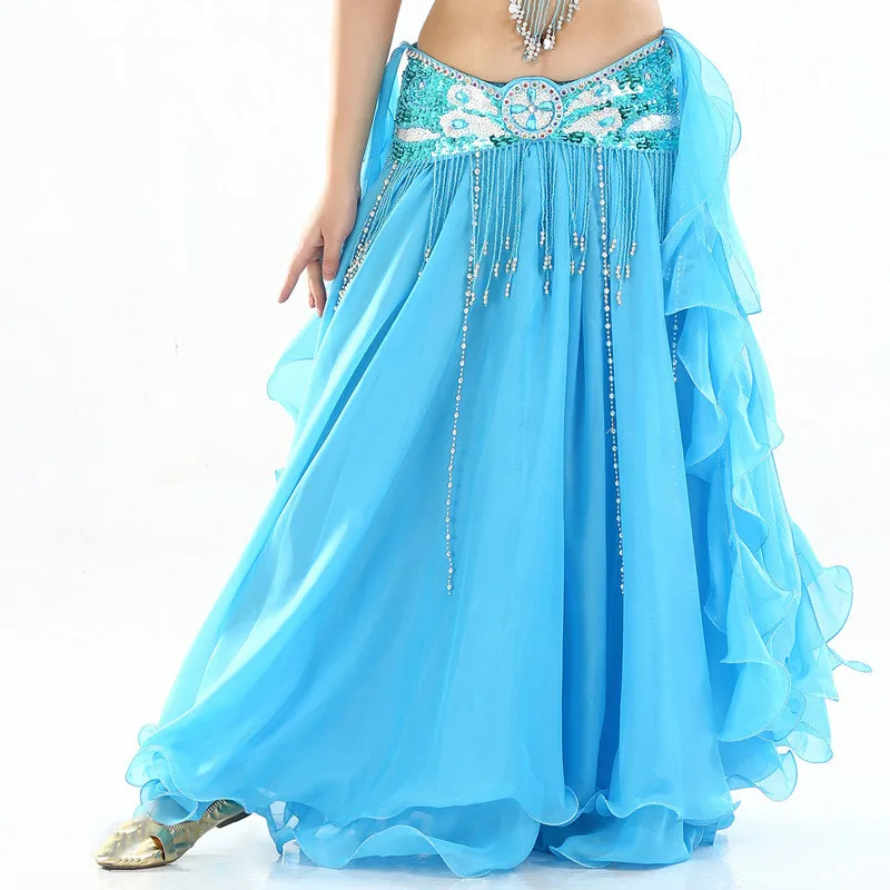 Turquoise Женский костюм для танца живота, шифоновое платье с двойным разрезом, одежда для танца живота для взрослых, юбка для выступлений, Женская танцевальная одежда - Цвет: Turquoise