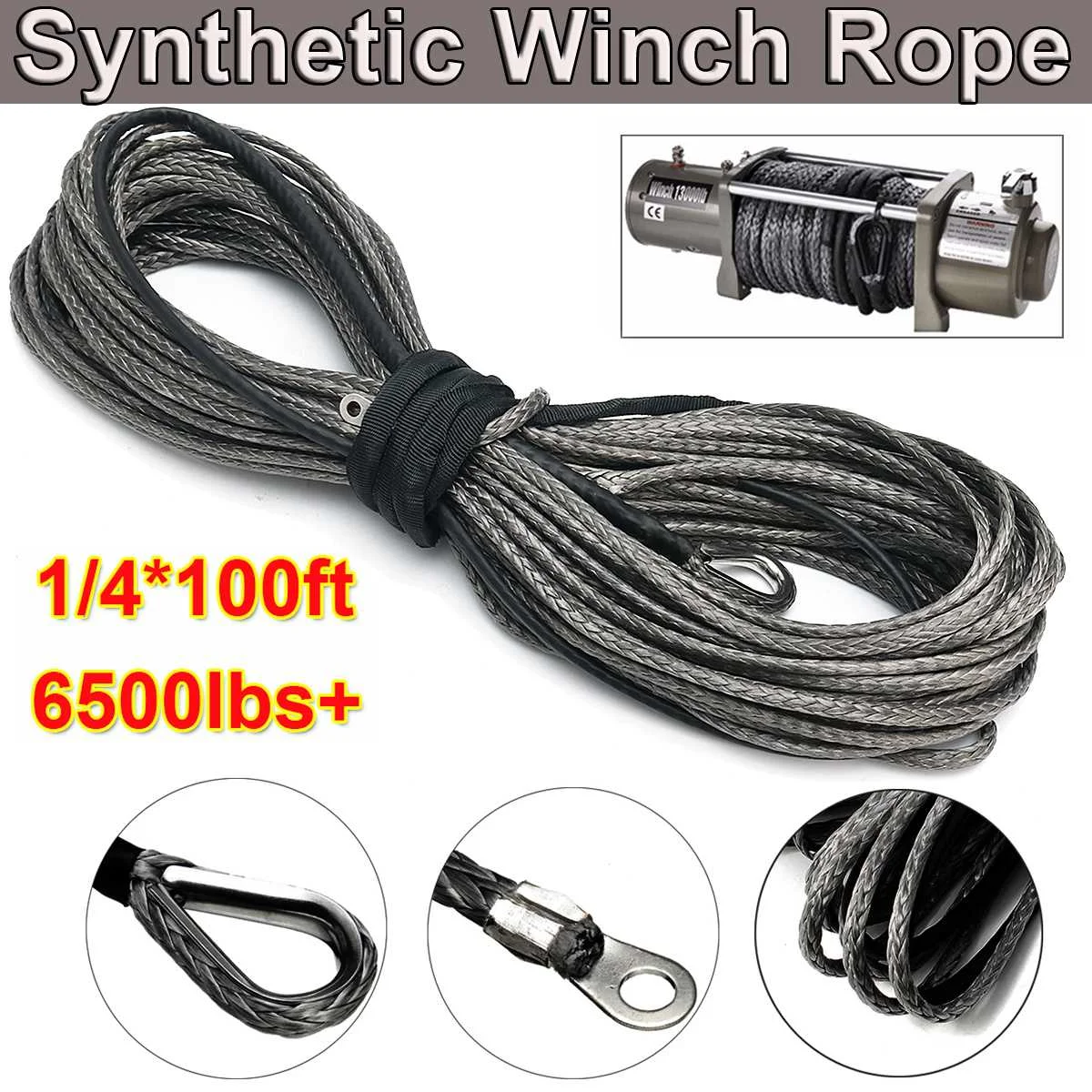 

30m Towing Rope 6500lbs Synthetic Winch Grey Recovery Rope for ATV UTV Off-Road 1/4 Inch 100ft Winch Cable Towing Rope