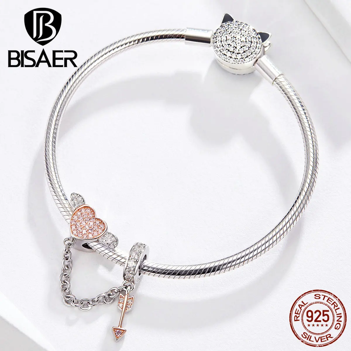 Bisaer, розовое золото, циркон, сердце, амулеты, 925 пробы, серебро, любовь, Стрела Амура, амулеты, безопасные бусины, модные, сделай сам, аксессуары HSC1208