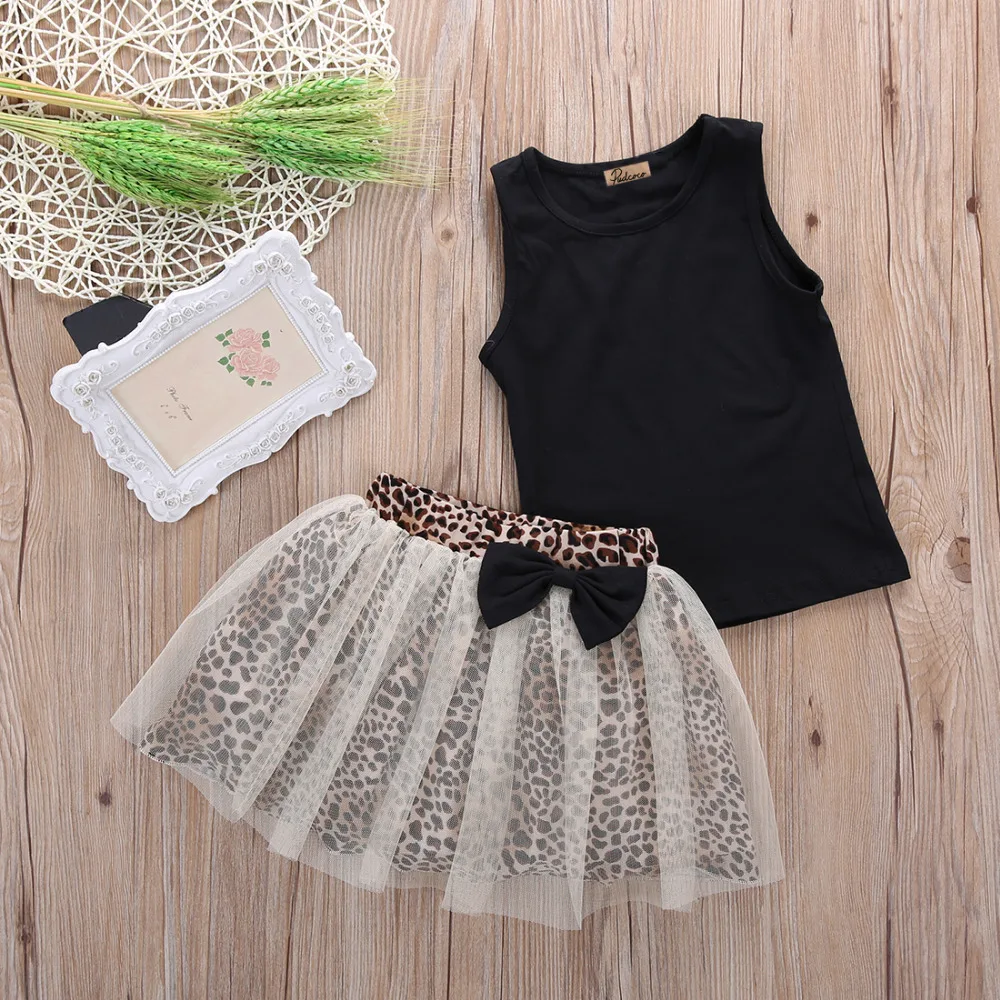 2017 Summer Kids Baby Girl clothes set Sleeveless Tops t-shirt + leopard bow-knot Tulle tutu dress 2Pcs Outfits sets | Детская одежда и