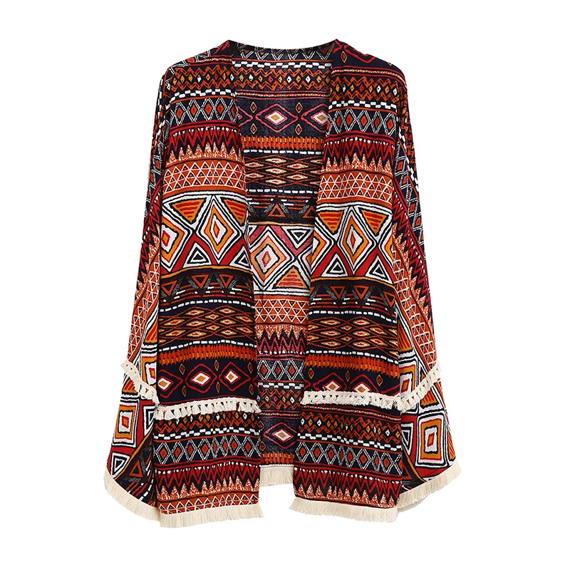 Boho Summer Casual Blouse Plus Size Women Top Multicolor Print Flare Sleeve Kimono Tassel Ladies Blusas Mujer Beach Long |
