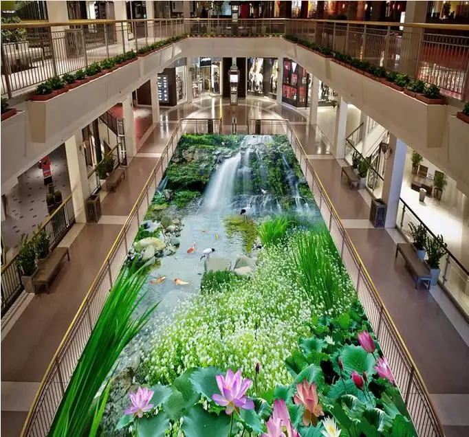 Самоклеящиеся напольные обои на заказ 3D с изображением пейзажа водопада лотоса