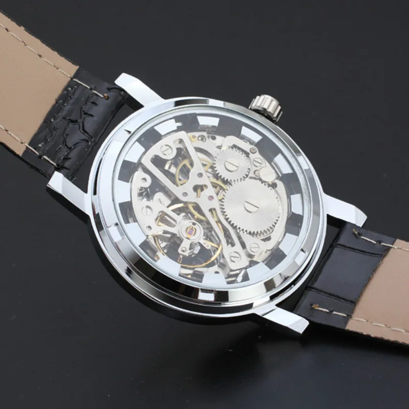 

New Fashion Men's Watch Hollow Engraving Case PU Leather Skeleton Mechanical Wrist Watches for Men Clock Timer