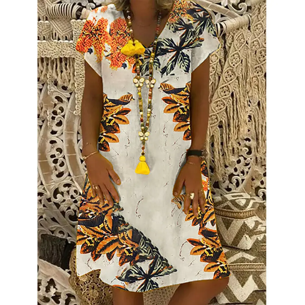 Женские с цветочным принтом V образным вырезом и короткими рукавами платье на