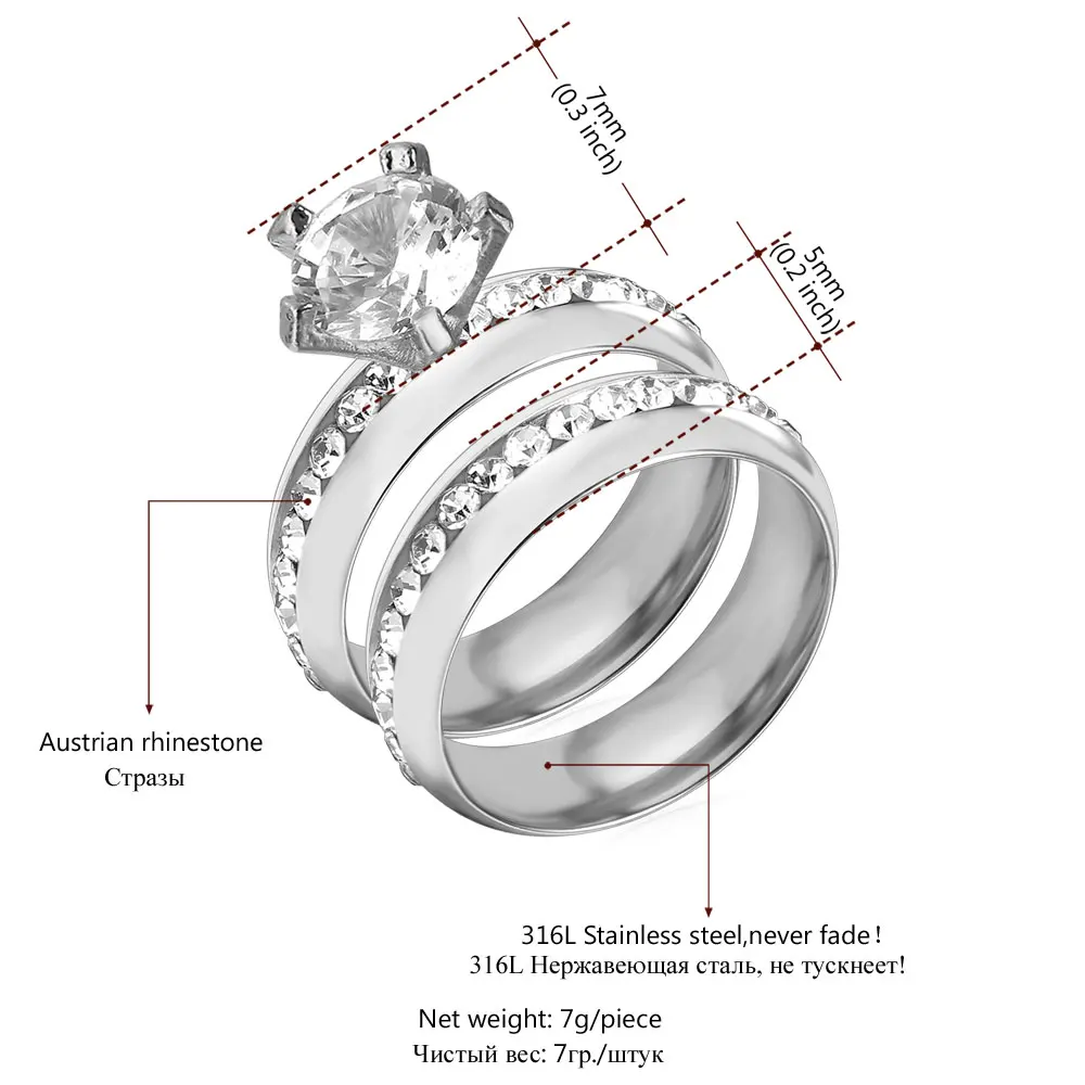 Women Wedding Ring Sets For Lovers Couple Rings Crystal Rhinestone yellow Gold Color Stainless Steel Wholesale R1314 | Украшения и