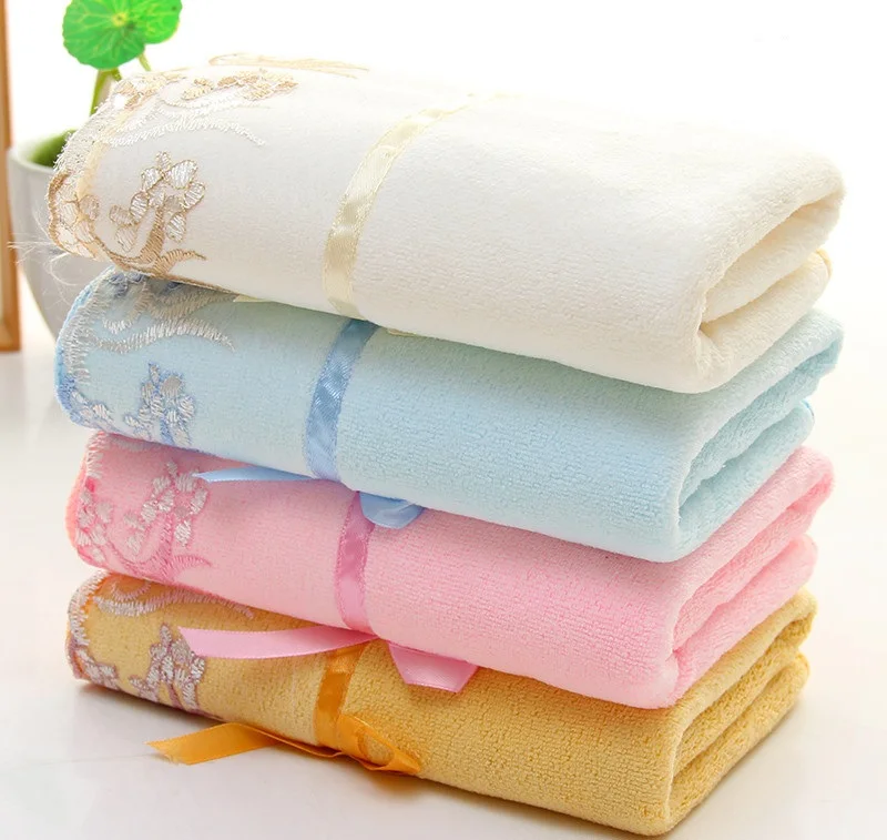 34*75cm microfiber absorbent Elegant Embroidered face towel quick-drying cleansing beauty towel Pink blue Bathroom hand towel