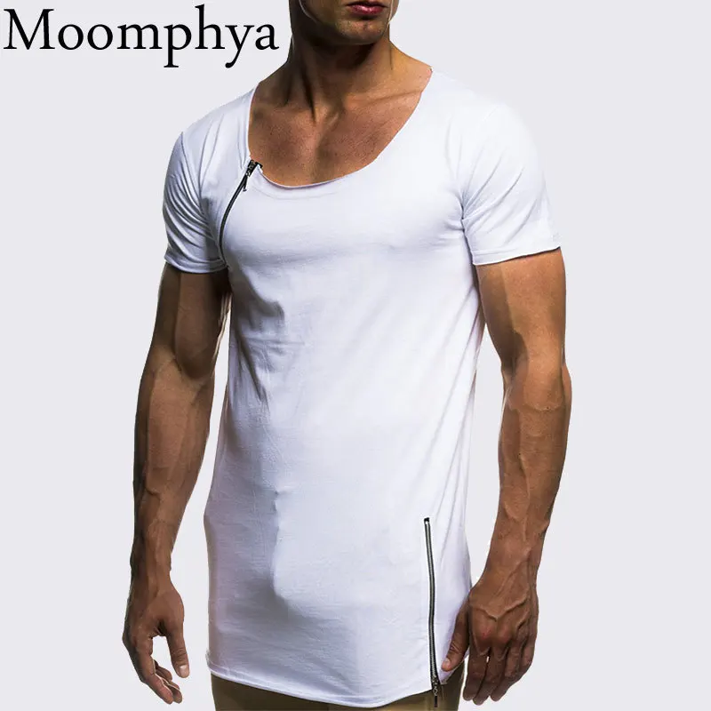 

Мужская футболка Moomphya, однотонная, с молнией сбоку, облегающая, в стиле хип-хоп, летняя, удлиненная футболка