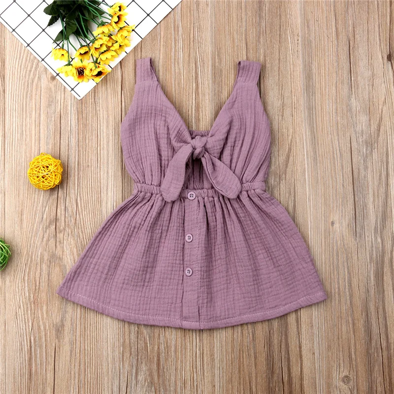 Brief Kids Baby Girls Cotton Linen Sundress Solid Princess Sleeveless Bow V-Neck Mini Dress Girl Strap Button A-line 6M-4Y | Детская