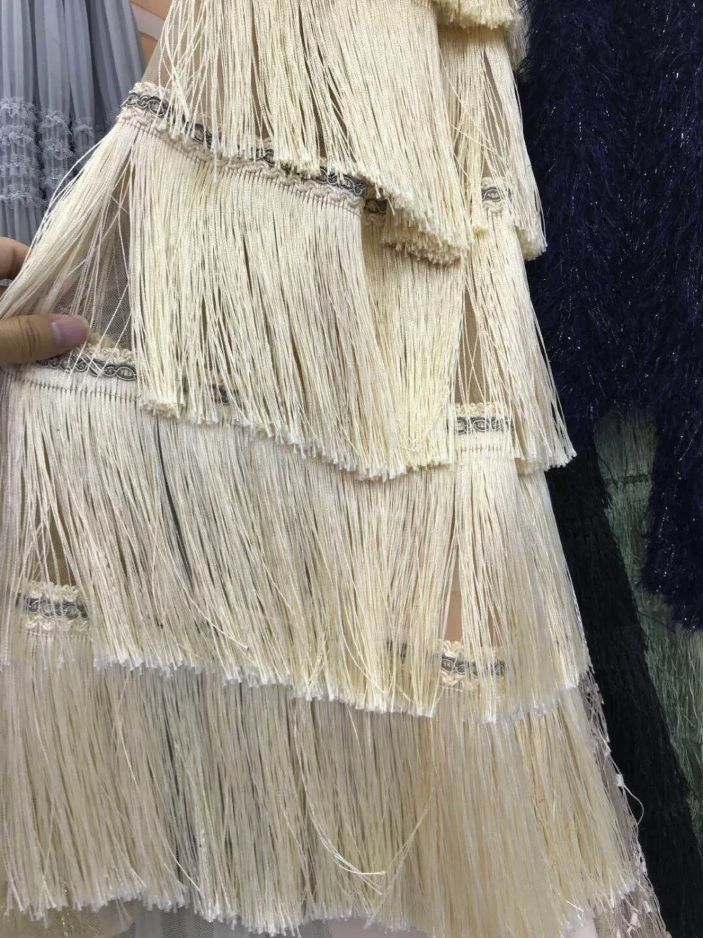 Fashionable tassle fringe design french lace fabric for party dress on sale Embroidered tulle mesh | Дом и сад