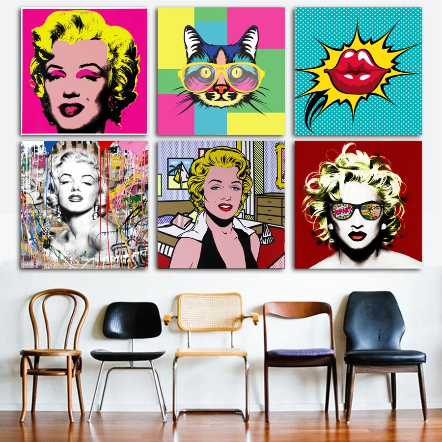 

Винтажная картина в стиле ретро, поп-арт, Мэрилин Монро, поцелуй кошки, настенные картины, холст, фотообои для декора комнаты