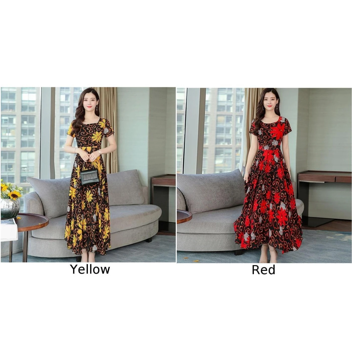 Женское платье с круглым вырезом Летние платья модное до щиколотки цветочным