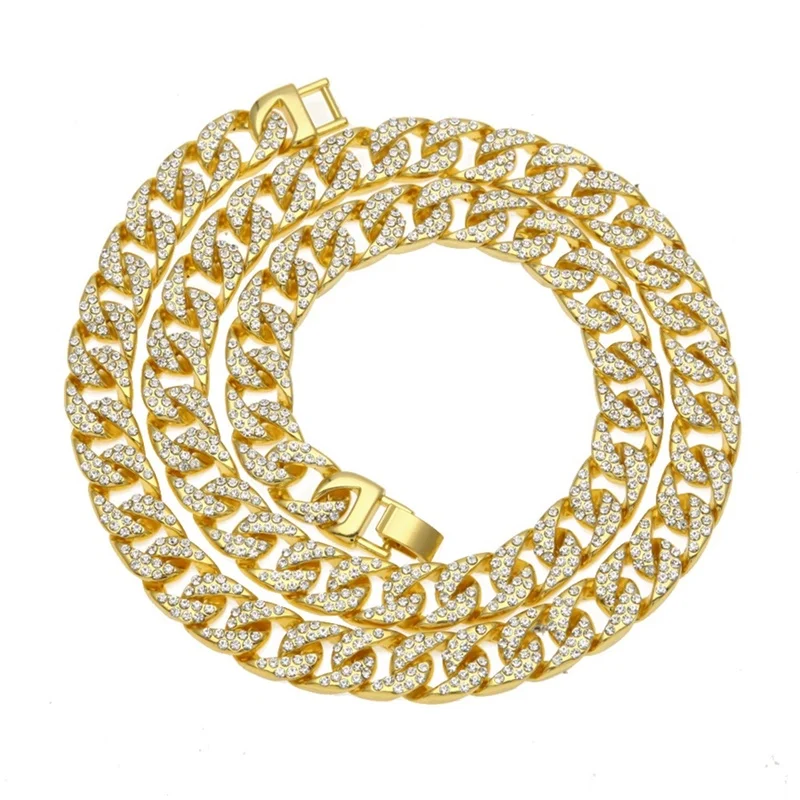 Gold Necklace Для мужчин хип хоп Iced Out Bling Полный Rhinstones цепи Золото Серебро длинные CZ цепочки и ожерелья Майами, кубинская сеть Соединенные ожерелья браслет ювелирные изделия - Окраска металла: Gold Necklace