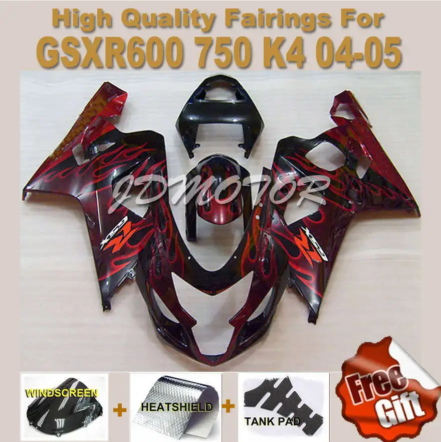Обтекатели для Suzuki GSXR600 2005 2004 GSXR750 K5 K4 05 04 Красный Пламя Черный комплект