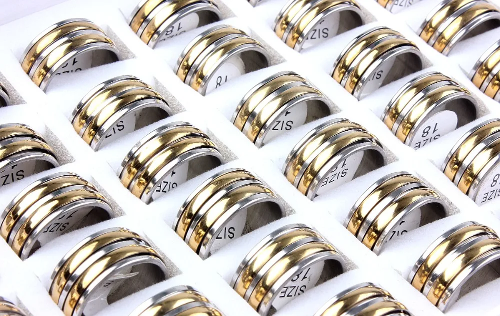 Phoebus Wholesale 10pcs New High boutique men's stainless steel Gold P Color Turning ring finger tide personality rings | Украшения и