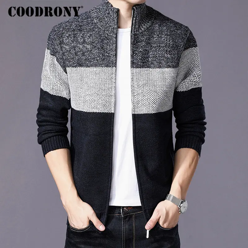 Черный COODRONY кашемировый шерстяной свитер пальто с хлопковой подкладкой пальто на молнии мужская одежда Зимний толстый теплый кардиган для мужчин H003 - Цвет: Черный
