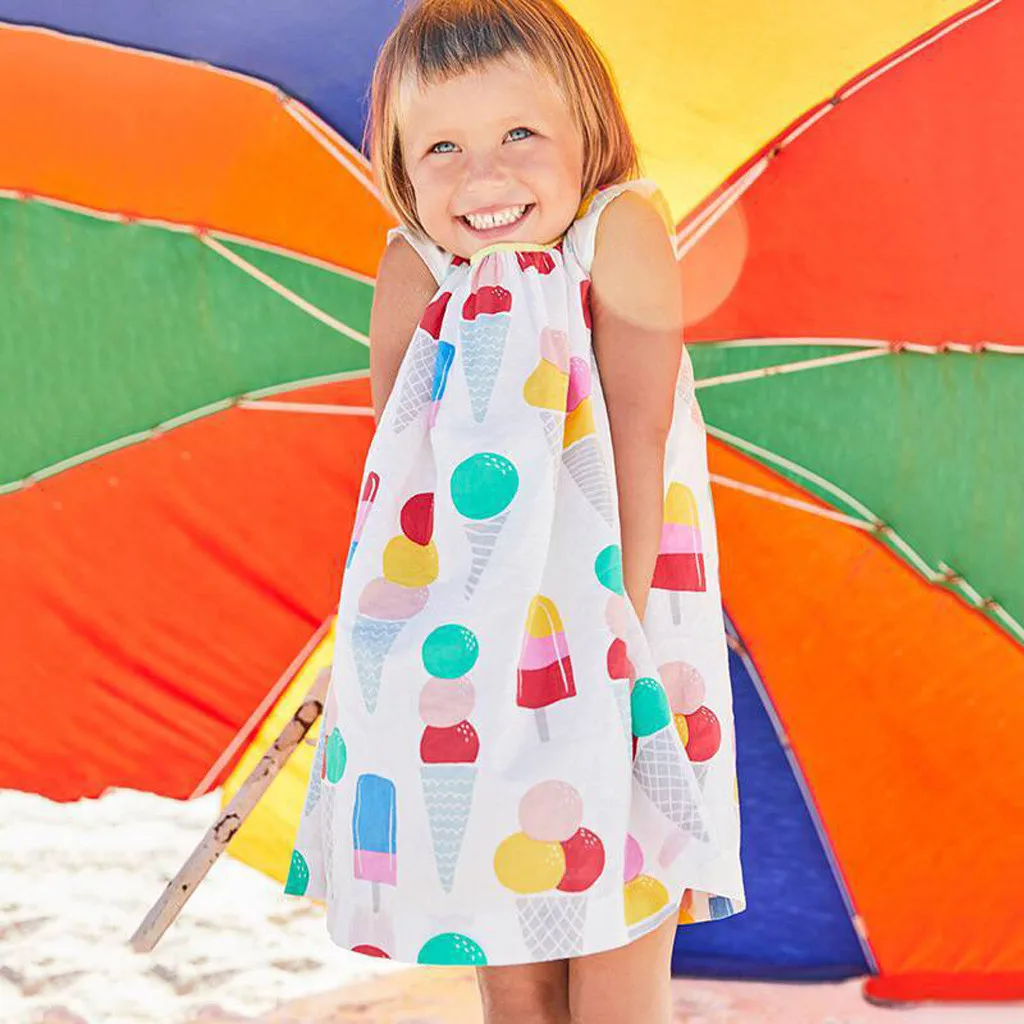 

2019 Toddler Kids Baby Girls cute Cartoon Ice-Cream Printed Casual Dress Clothes