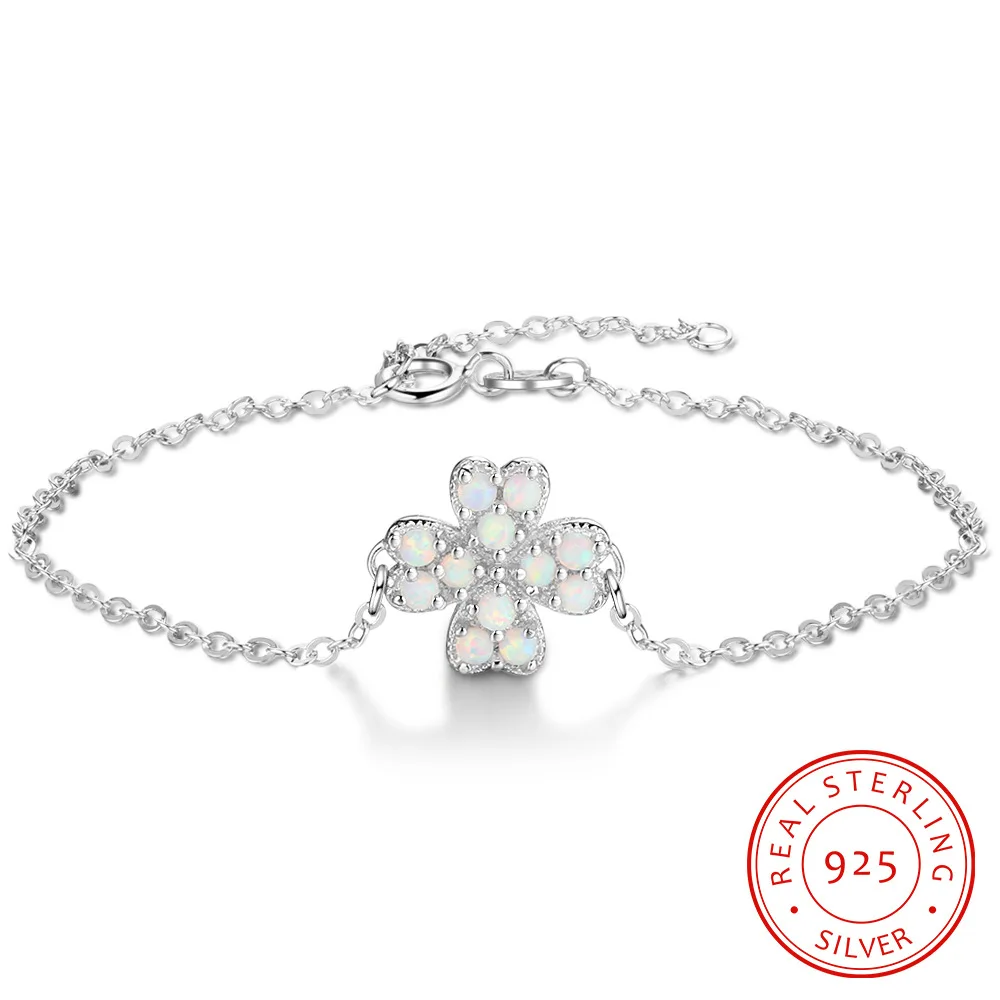 Сердце четырехлистный клевер серебро 925 пробы Белый огненный опал браслет на