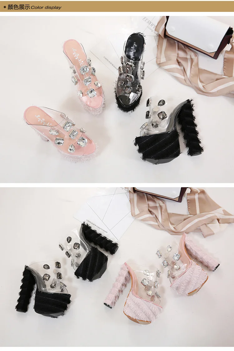 PVC High Heel Sandals Women Faux Fur Sexy Gladiator Sandals Women Thick Heel Transparent Rhinestone Glass Stone Platform Sandal