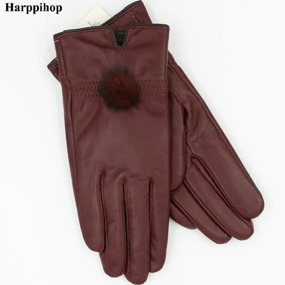 as picture Женские перчатки из натуральной кожи, тонкие, весна-осень, варежки из натуральной кожи, меховые перчатки, женские модные перчатки, норковый мех, помпон - Цвет: as picture