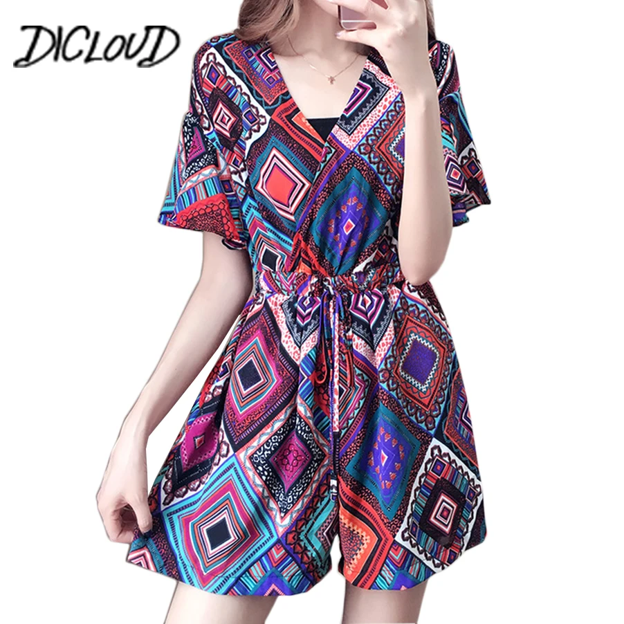 DICLOUD штаны большого размера для женщин boho печати Свободные Комбинезоны Женский v-образный вырез Высокая талия широкие ноги комбинезон лето Macacao Feminino