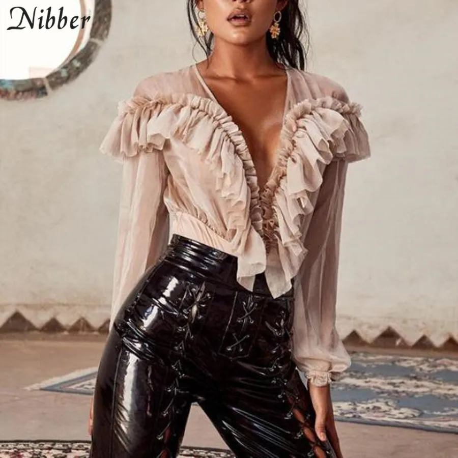 Nibber весна дикий элегантный черный длинный рукав боди 2019hot Модный французский романтический оборками офисный Женский Повседневный сексуальный боди