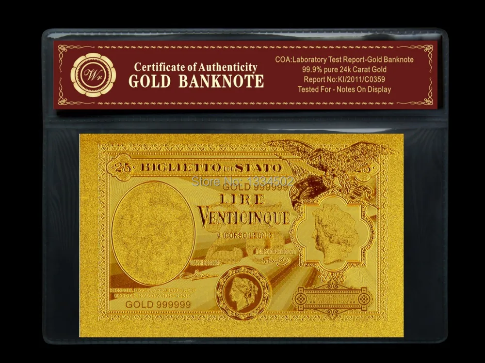 Золотые банкноты 25 лир с сертификатом и держателем из ПВХ | Дом сад