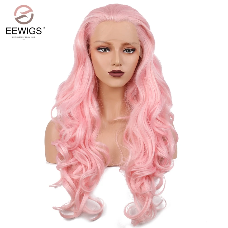 EEWIGS розовый парик 26 дюймов длинные волнистые волосы бесклеевые синтетические кружева перед парик с натуральной линией волос термостойкие парики для женщин
