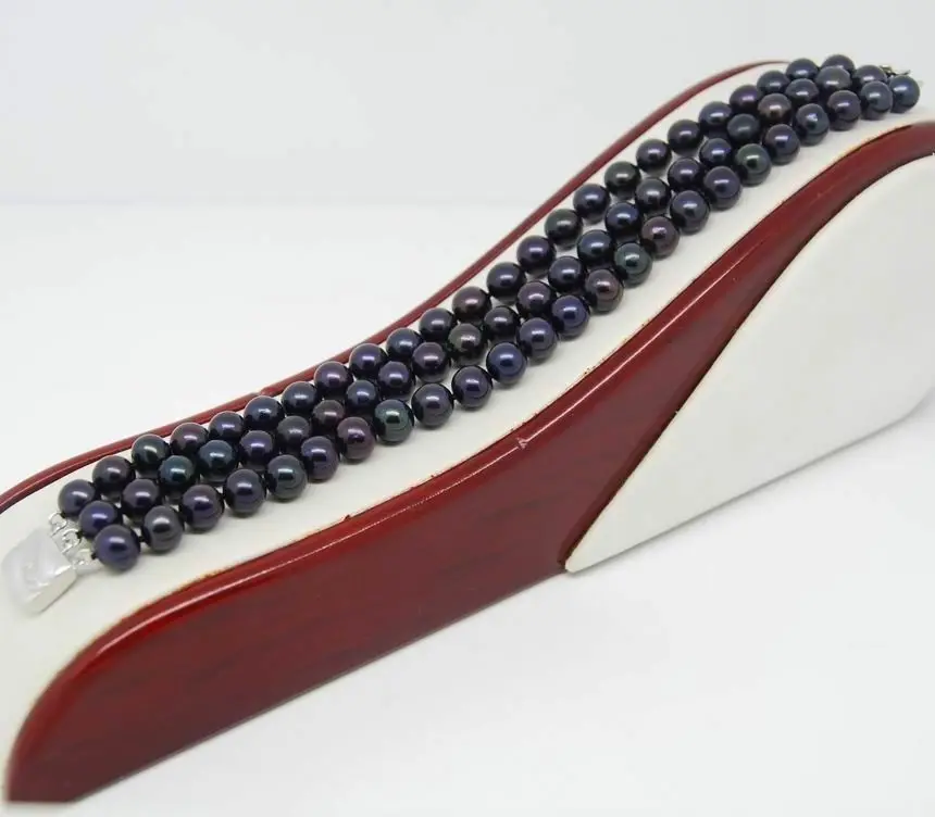 

A + + натуральный Thiple нить размером 8-9 мм браслет из черных жемчужин 7,5 "Длинные