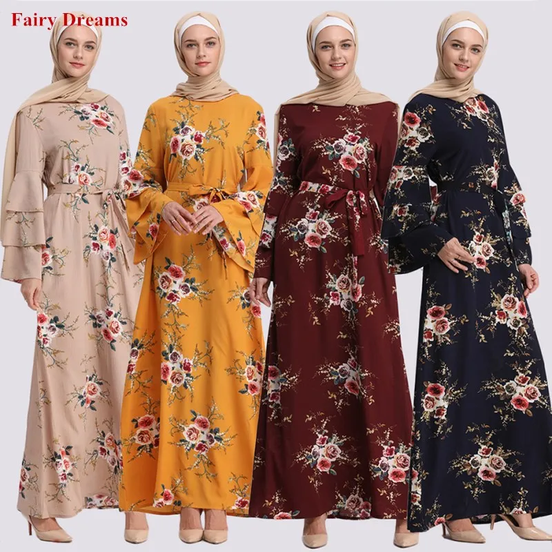 Abayas женская мусульманская одежда с цветочным принтом модные бандажные платья Хиджаб Макси мусульманское платье Бангладеш Кафтан Дубай, Турция Халат