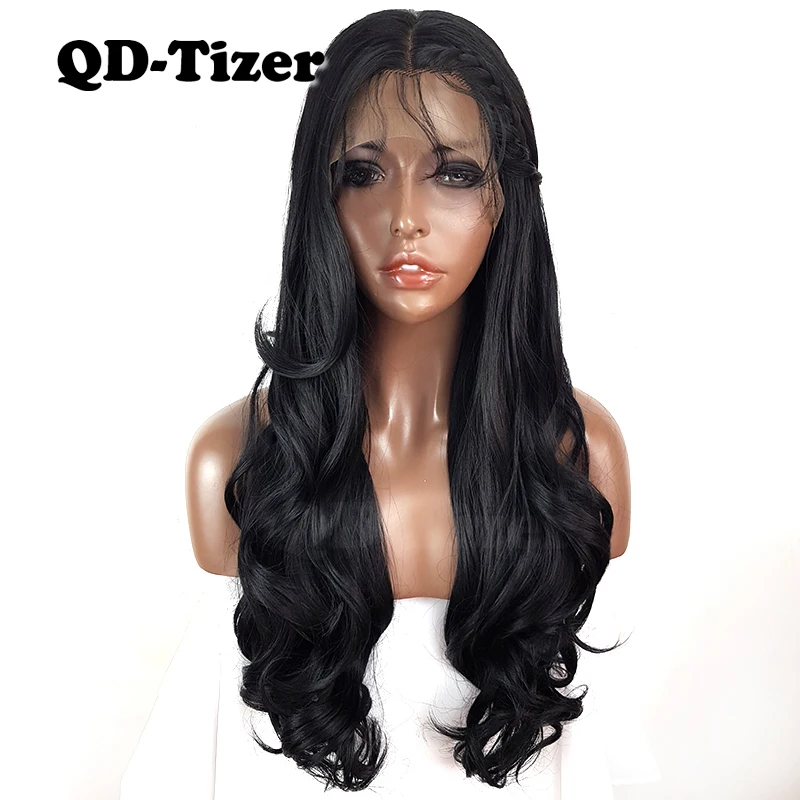 QD-Tizer Body Wave Wig Synthetic Lace Front Wig With Baby Hair Black Glueless High Temperature Fiber Hair Wigs For Black Women