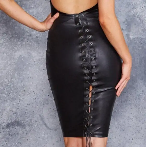 

Women's fashion slim sheath black faux leather skirt lady's high waist sexy club dancing performace leather pencil skirt R606