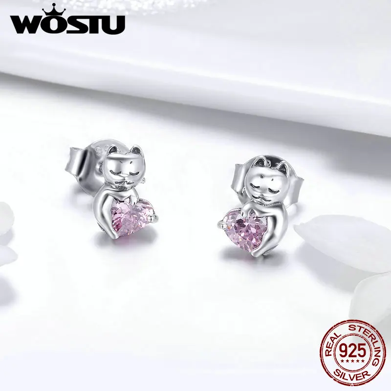 WOSTU, настоящее 925 пробы, серебряные очаровательные серьги-гвоздики в виде кота, розового сердца для женщин и девочек, S925 серебро, роскошный бренд, ювелирное изделие, подарок CQE453