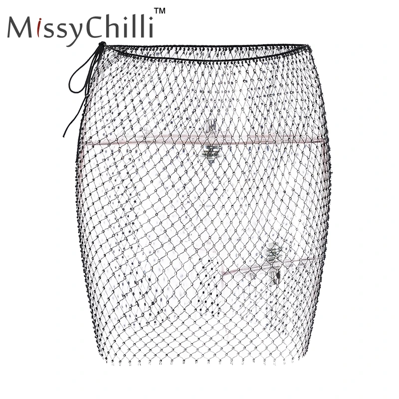 MissyChilli черная прозрачная сетчатая мини-юбка для женщин Стразы Вечерние Клубные короткая юбка рыбья Сетка открытая микро юбка карандаш Новинка