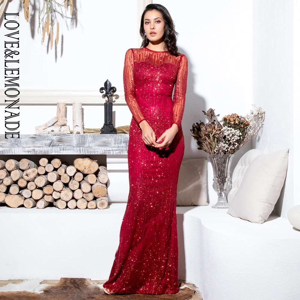 Платье с блестками LOVE &amp LEMONADE круглым вырезом и длинными рукавами LM6496-9 | Женская