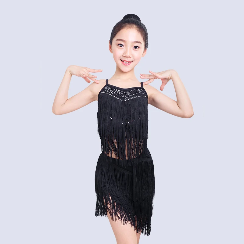 Latin Dance Costume Girls Black Fringe Dress Kids Rumba Practice Clothes Children Tango/Samba/Salsa Performance Costume DQL1337